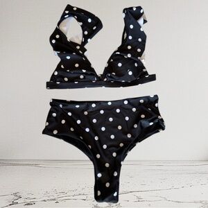 NWOT black & white Polkadot Bikini with ruffle straps